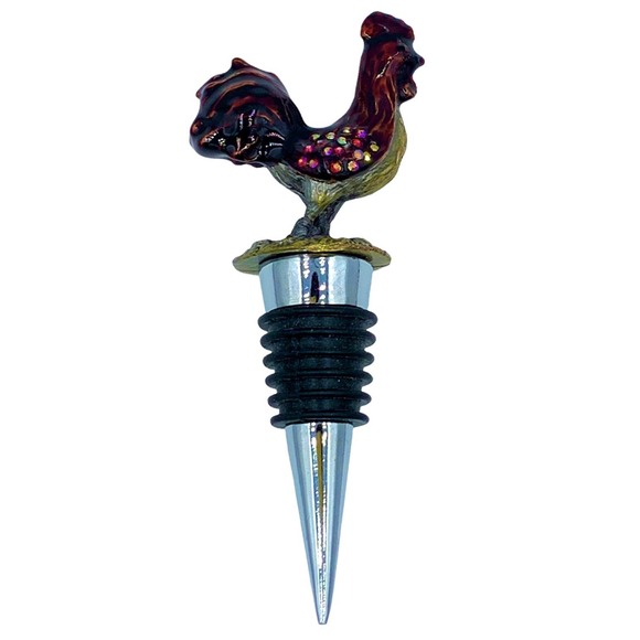 Bejeweled Rooster Wine Bottle Stopper, Enameled Pewter Rhinestones - Picture 2 of 7